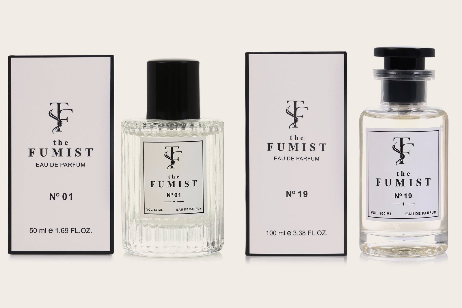 His & Hers Duo: N° 01, N° 19, bottles and boxes
