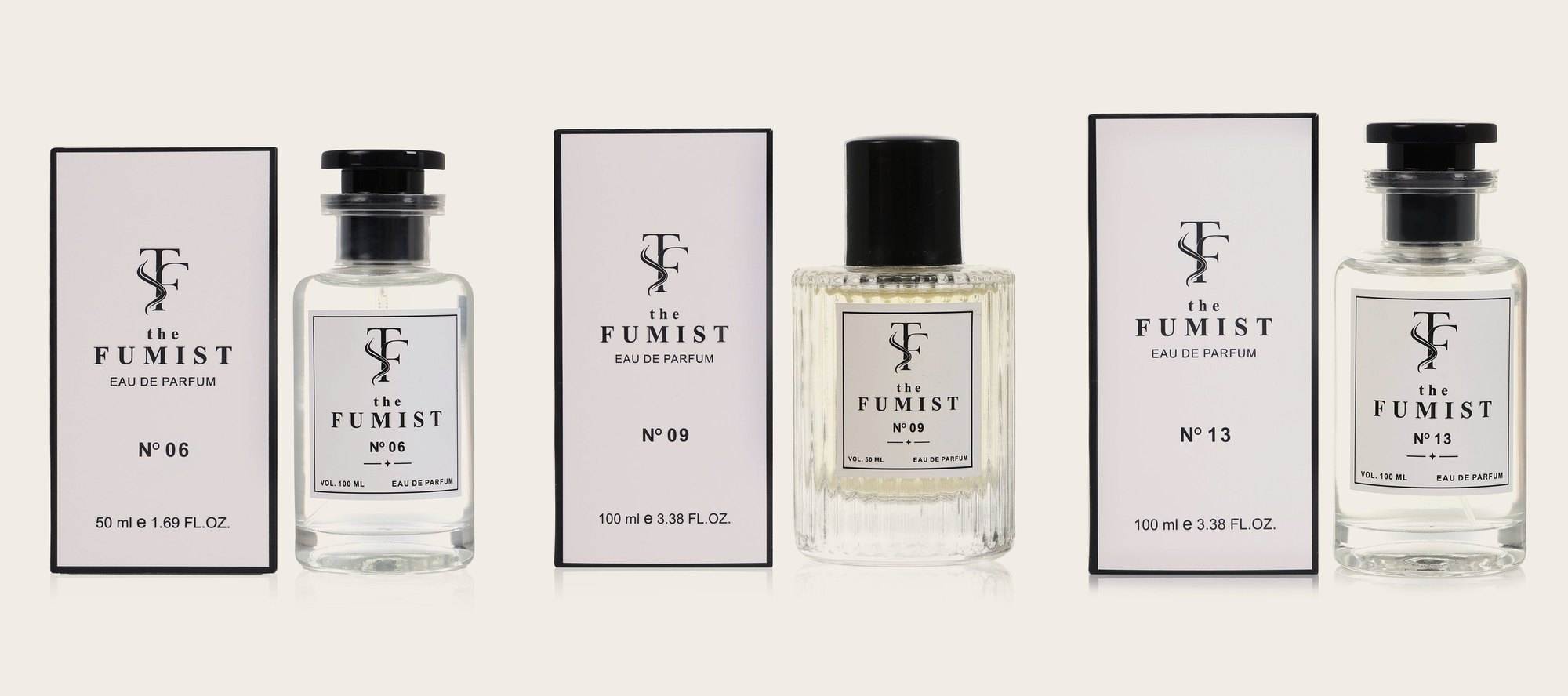 The Discovery Trio: N° 06, N° 09, N° 13, bottles and boxes