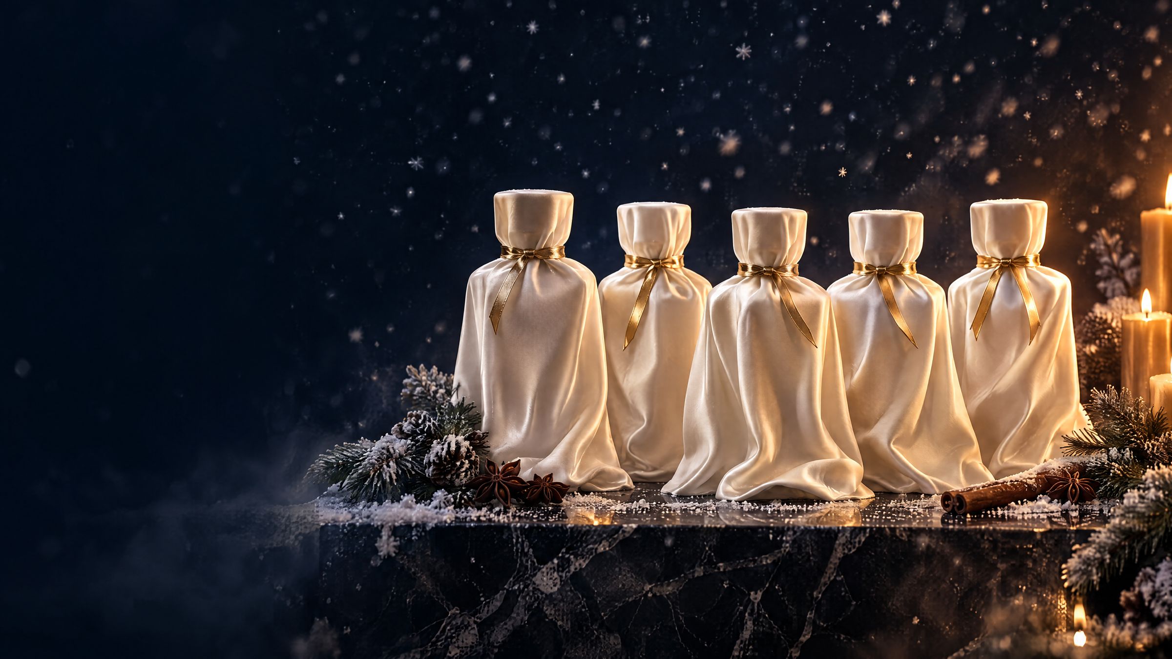 Five new bottles hidden under ivory satin covers tied with gold ribbon, with snow, pine and candlelight
